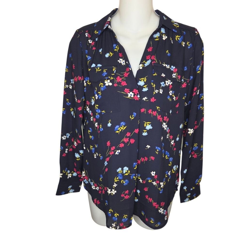 Ann Taylor Petite XXSP Navy Multi-Color Floral Henley Popover Blouse
